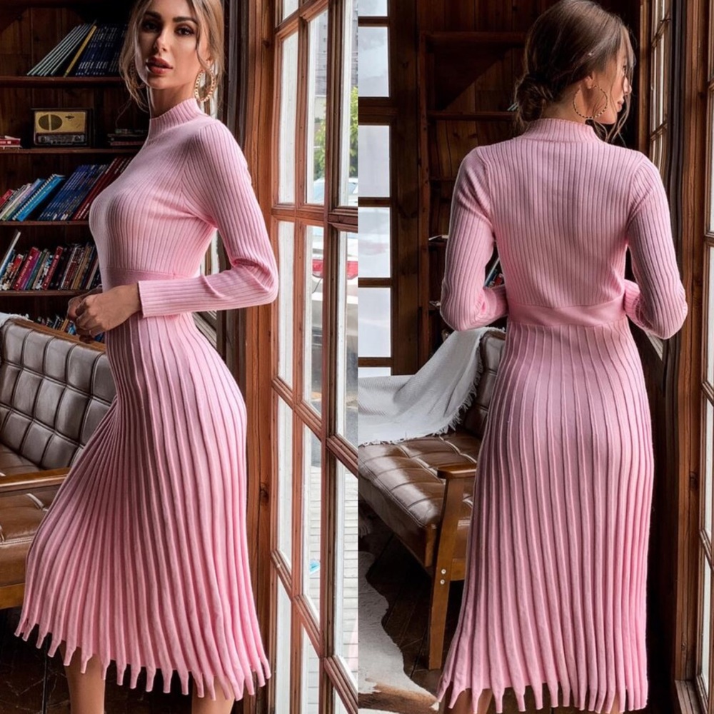 Fall mock neck ribbed knit sweater midi dress Pink - Picture 12 of 15
